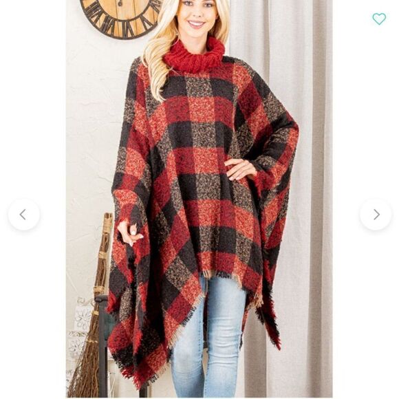 Heimish Red Black and Tan Buffalo Plaid Pattern Poncho Turtle neck Sweater Cape - Picture 1 of 4